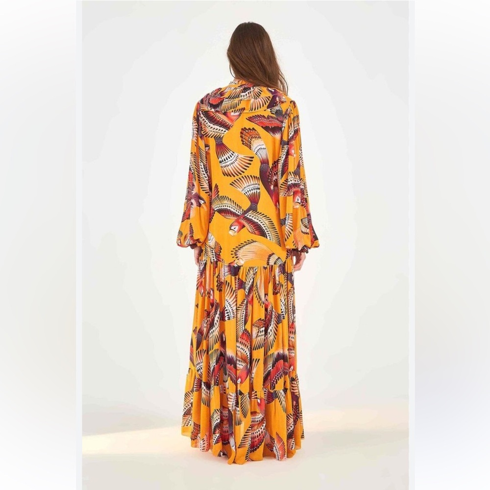 Farm Rio Orange dress with bird pattern.
